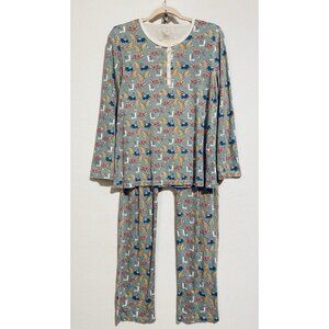 Roller Rabbit X Masionette Pajamas Womens Large Teal Prancing Deer Pima Cotton
